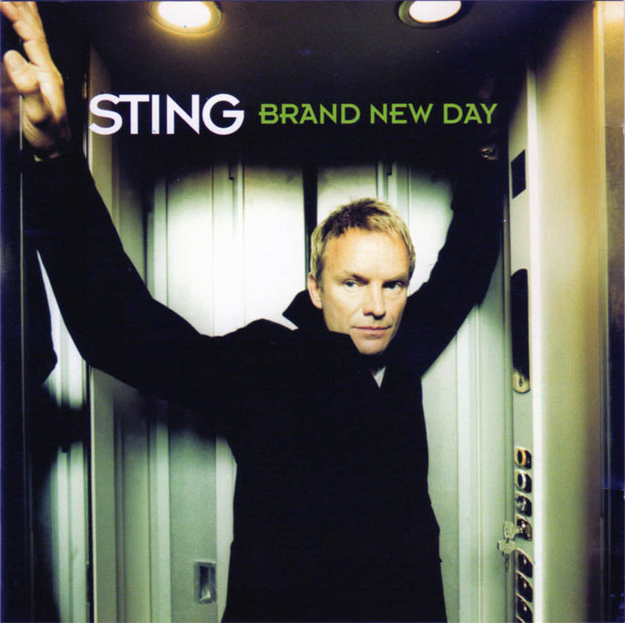 Sting Brand New Day album cover featuring Sting in a dark coat inside an elevator