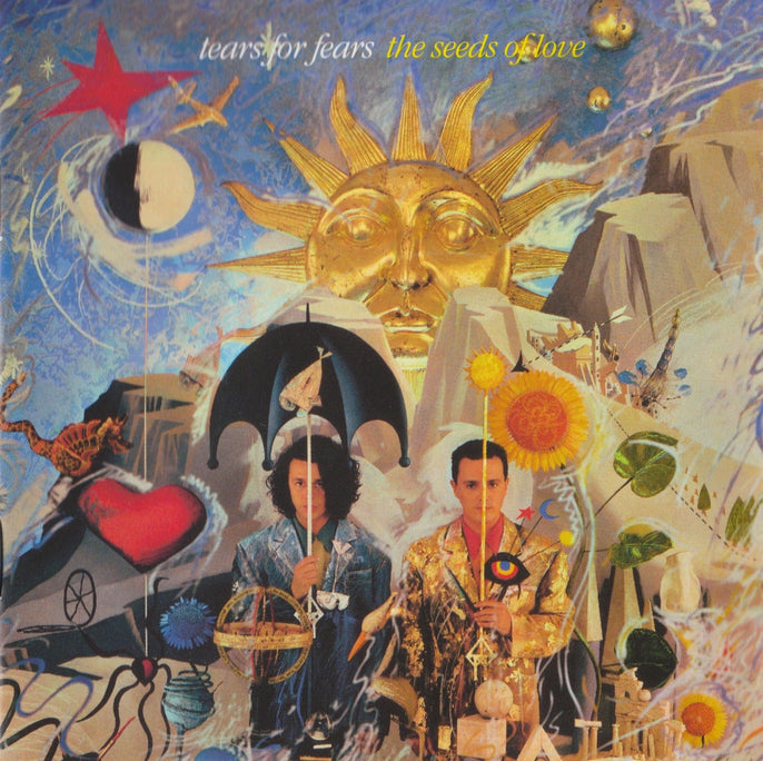 Surreal Tears for Fears Seeds of Love album cover with sun, two men, and abstract elements
