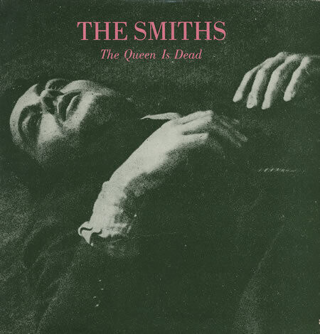 The Smiths The Queen Is Dead vinyl album cover, vintage photo of man lying down, green tone.