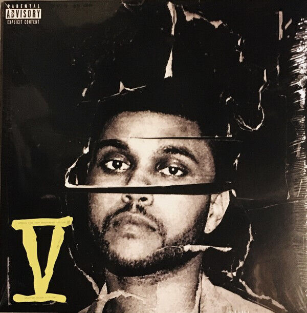Album cover featuring a grayscale, fragmented portrait of a man's face with a large yellow "V" on the bottom left and a parental advisory label in the top left corner.