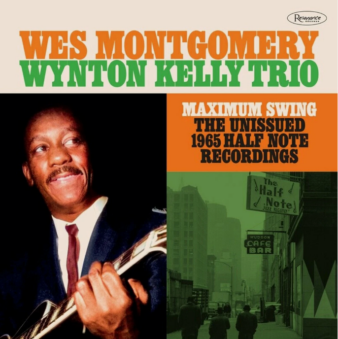 Wes Montgomery album cover with guitarist, vintage jazz club street scene, and bold text
