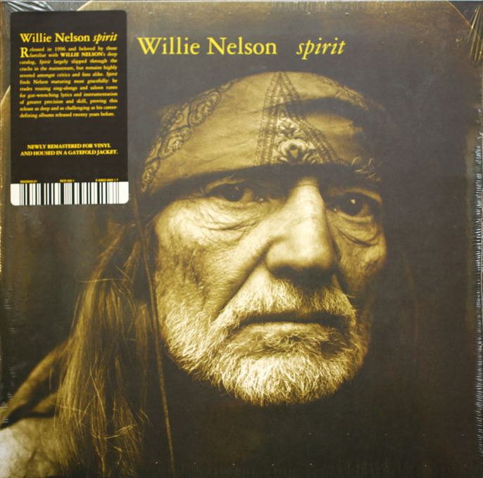 Willie Nelson Spirit vinyl record cover with sepia portrait and remastered album text.