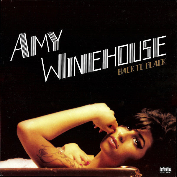 Album cover for "Back to Black" by Amy Winehouse, featuring her name in large text and her reclining with a somber expression against a dark background.