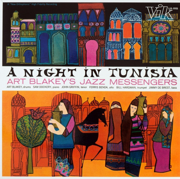 A Night in Tunisia album cover with colorful jazz-inspired art, cityscape, and figures.