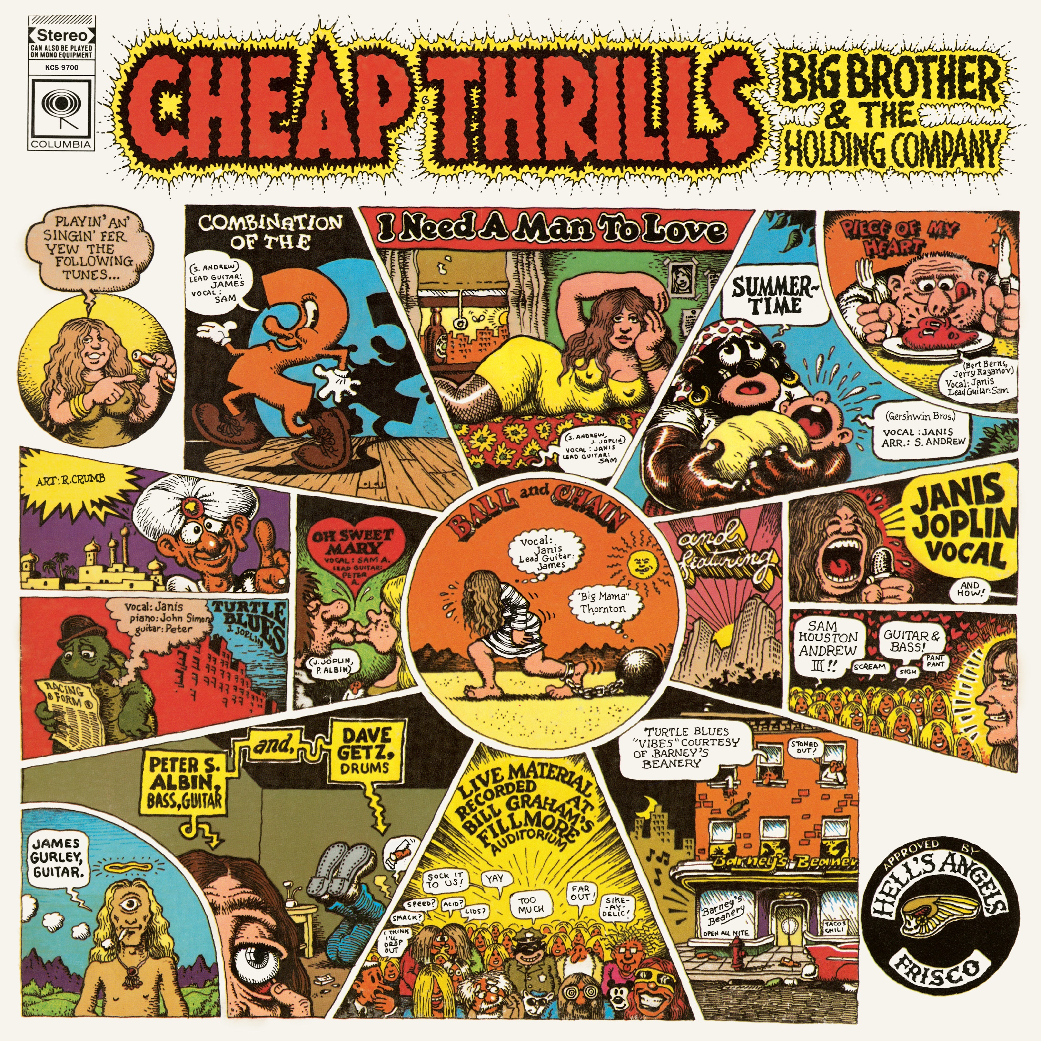 Album cover of "Cheap Thrills" by Big Brother and the Holding Company featuring comic-style illustrations, band members, and Janis Joplin’s name, with the title in bold yellow letters.