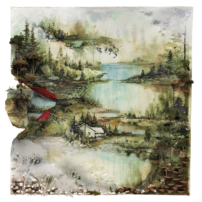 Watercolor album cover art with cabin, lake, trees, and layered forest landscape.