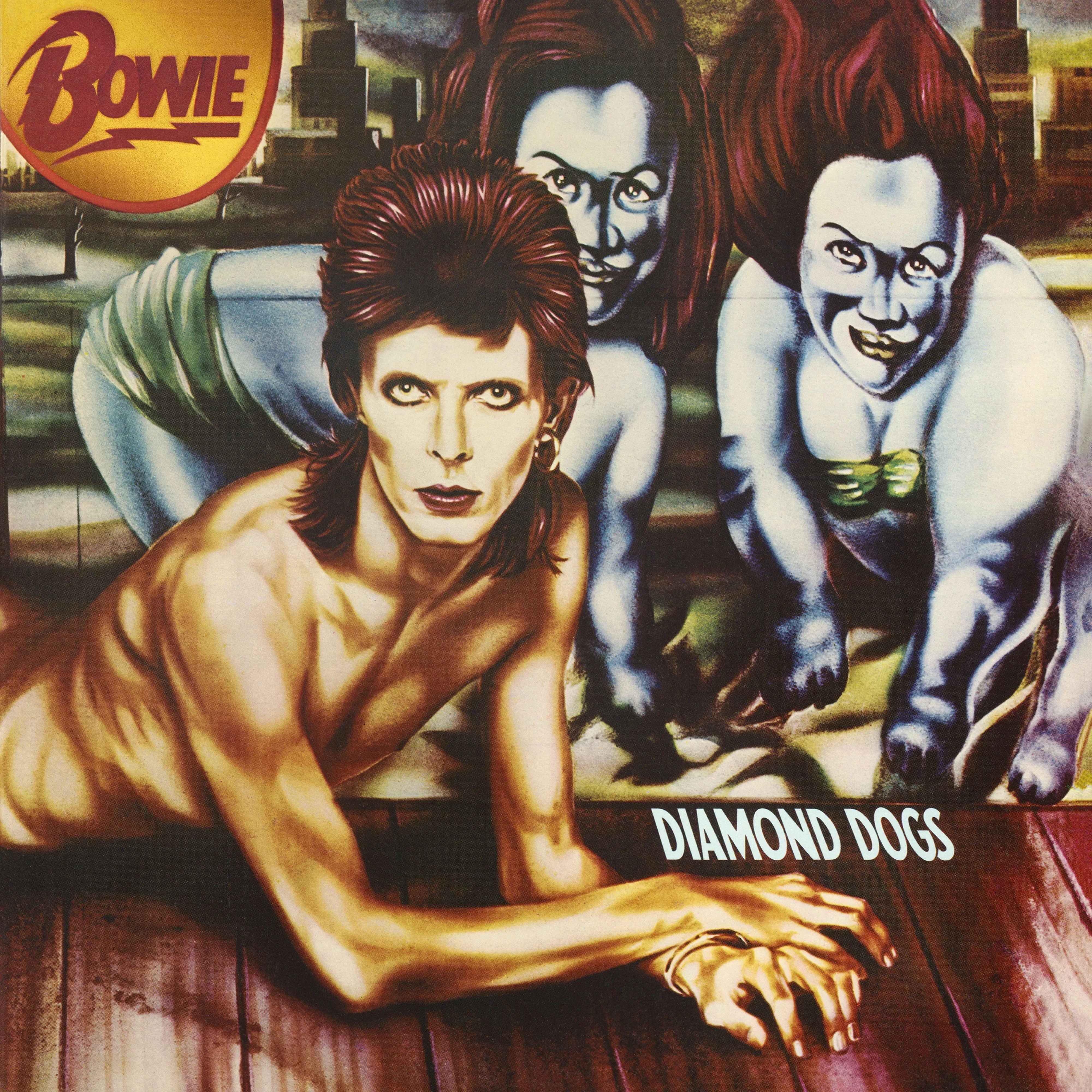 Album cover for David Bowie's "Diamond Dogs" featuring Bowie with a human upper body and dog-like lower body, alongside two other hybrid figures, set against a cityscape background.