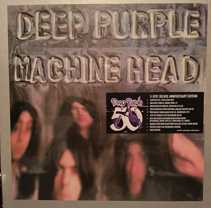 Deep Purple Machine Head vinyl album cover with embossed text and blurred band photo