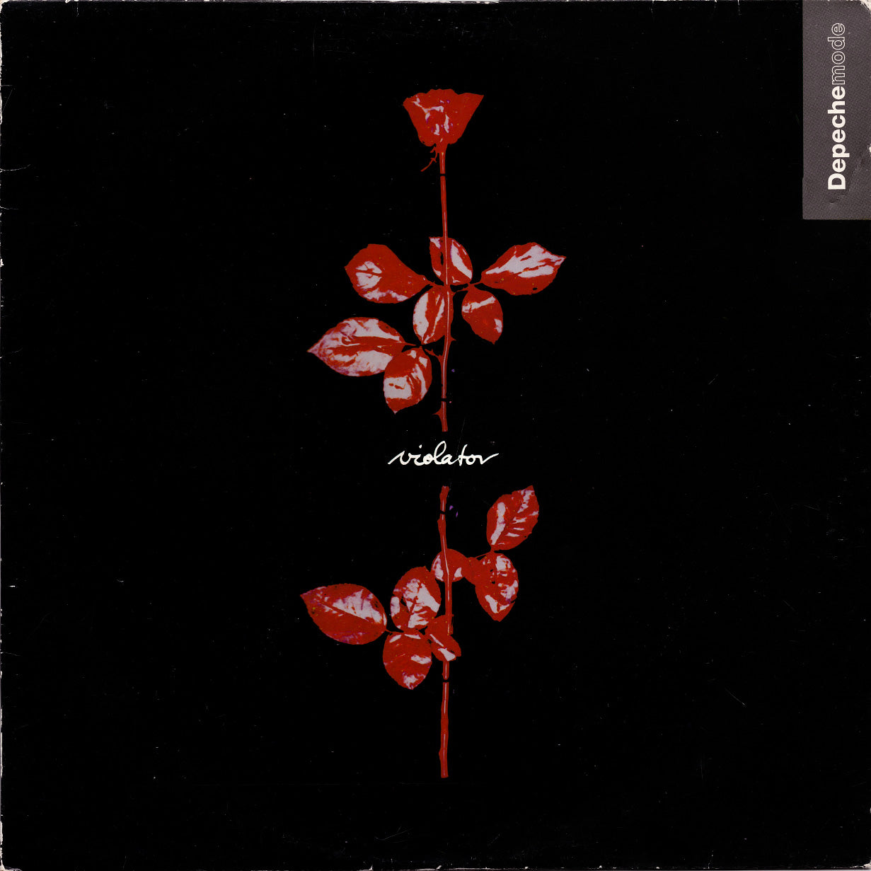 A red rose with glossy leaves set against a black background, with the word "violator" in white script and "Depeche Mode" written vertically on the right side.