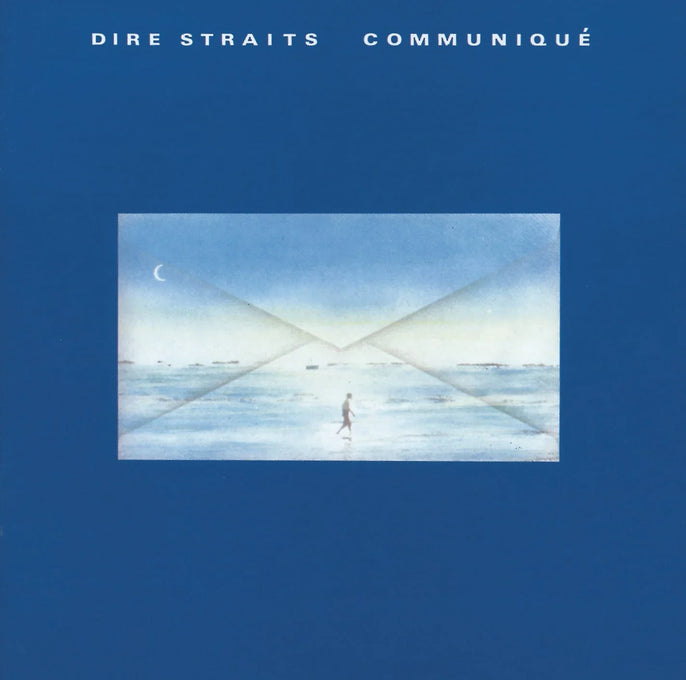 Dire Straits Communiqué vinyl record cover with blue envelope and figure walking on beach