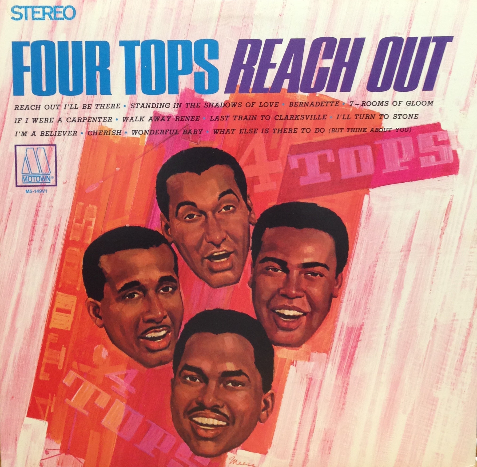 Album cover featuring illustrated portraits of the Four Tops with the text "Four Tops Reach Out" and a list of song titles against a red background.