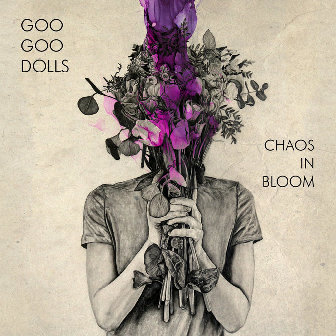 Hand-drawn person holding large bouquet with purple flowers, Chaos in Bloom album cover