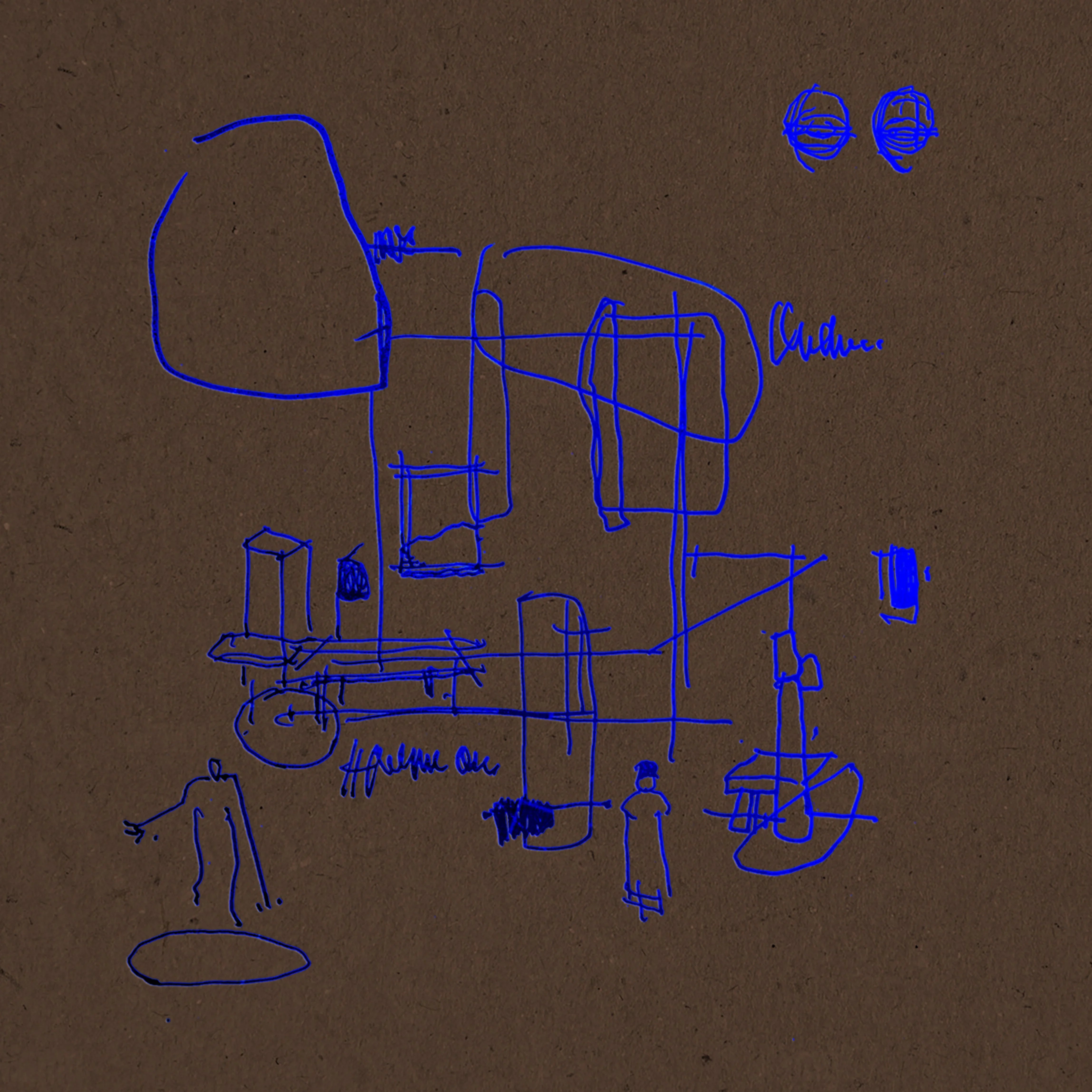 A rough blue line drawing on brown paper depicts abstract shapes, two circles near the top, and scattered handwritten words and figures throughout the composition.