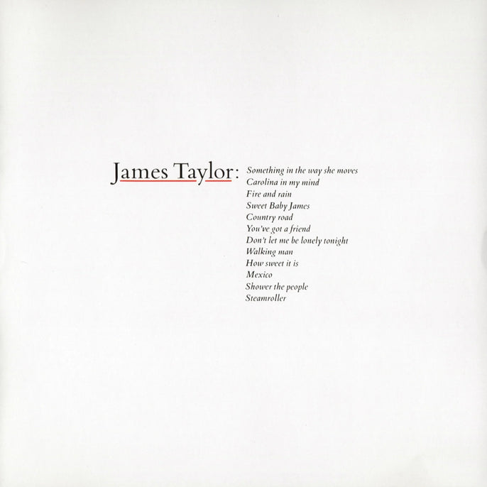Minimalist album cover with "James Taylor:" in large text, followed by a list of song titles on a plain white background.