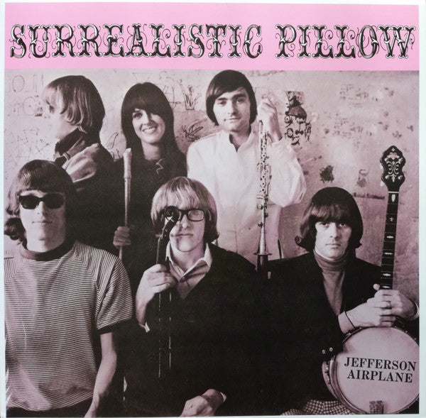 Surrealistic Pillow album cover featuring Jefferson Airplane band members in black and white with instruments.