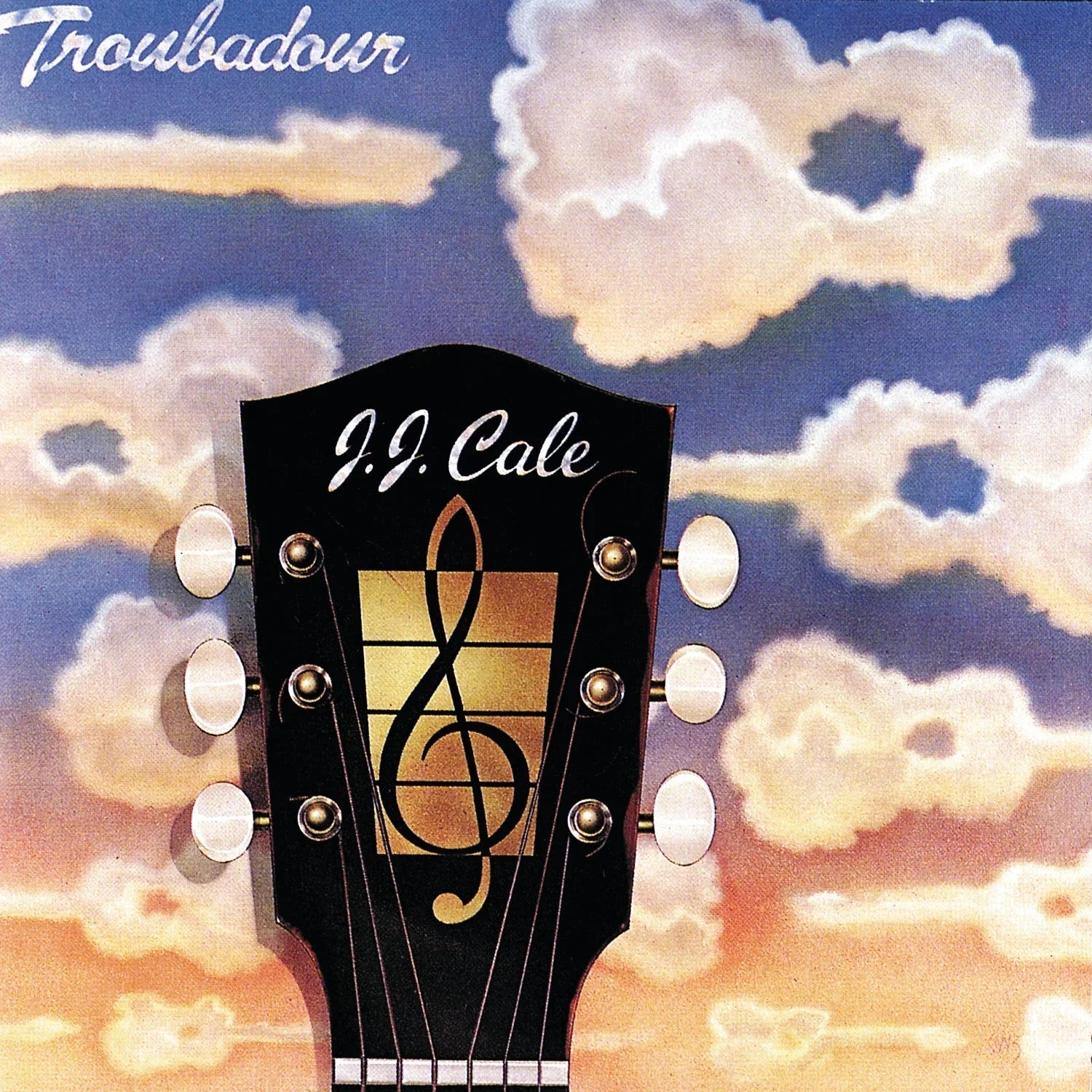 A guitar headstock with "J.J. Cale" and a treble clef on it appears against a sky with stylized clouds. "Troubadour" is written in script at the top left.