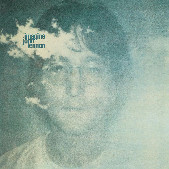 Vintage John Lennon Imagine album cover with hazy portrait and cloud overlay