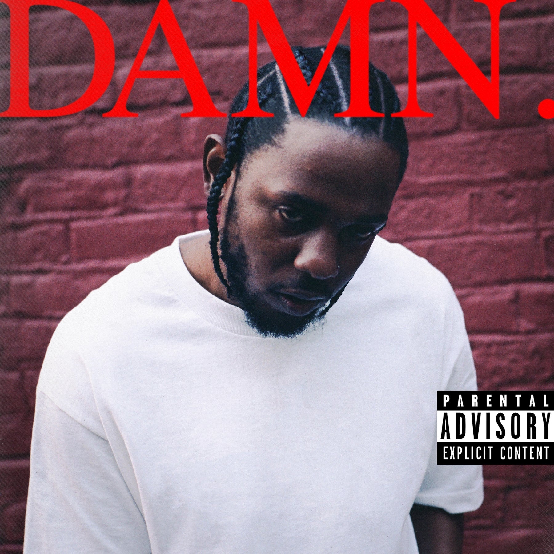 A man in a white t-shirt stands against a red brick wall with "DAMN." in large red letters above him and a "Parental Advisory Explicit Content" label in the bottom right corner.