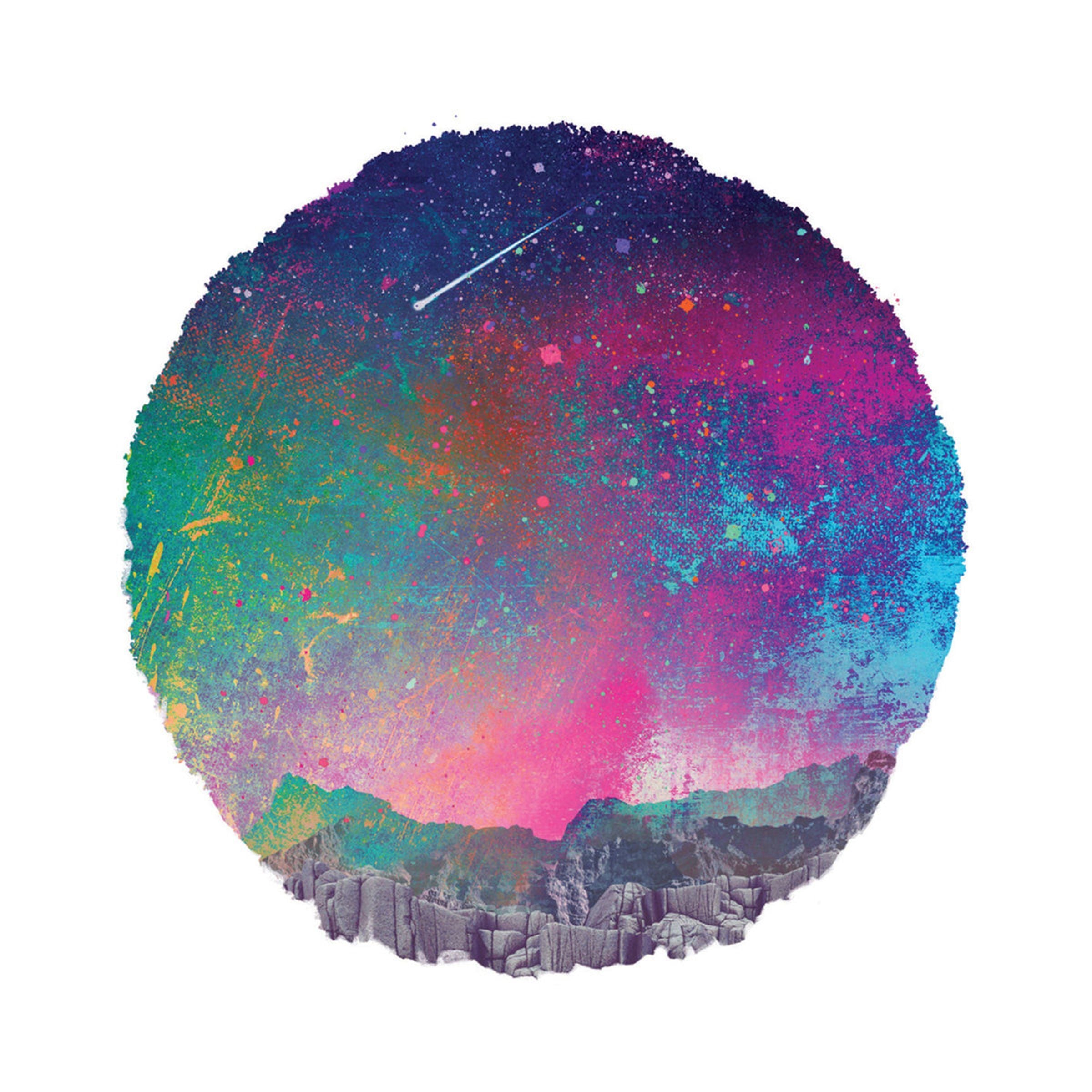 A circular artwork combines a vivid, colorful night sky with a shooting star above grayscale mountains and rock formations.