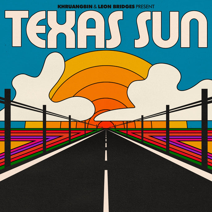 Texas Sun album cover with a retro road, sunset and power lines, vibrant colors, vinyl record art