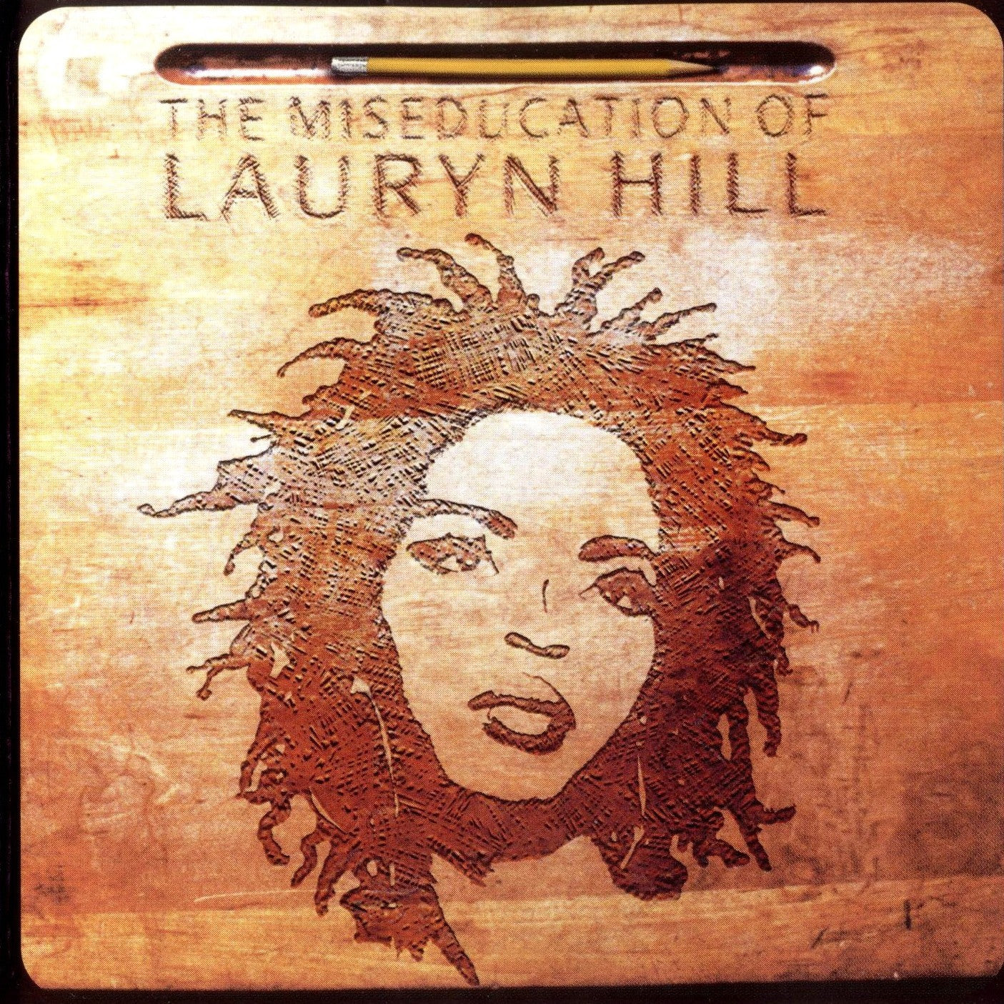 Album cover for "The Miseducation of Lauryn Hill" featuring an engraved portrait of Lauryn Hill’s face on a wooden surface with the album title above.