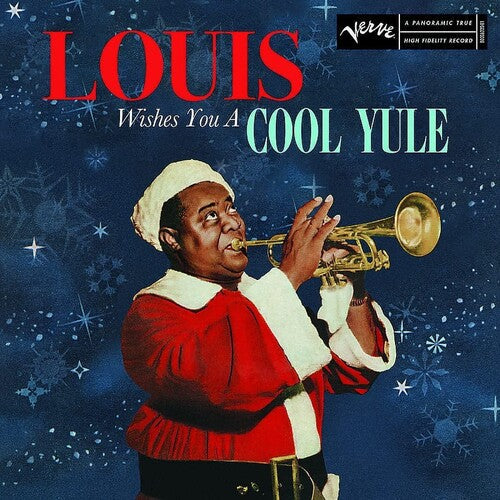 Holiday jazz vinyl album cover with musician in Santa suit playing trumpet on snowflake background.