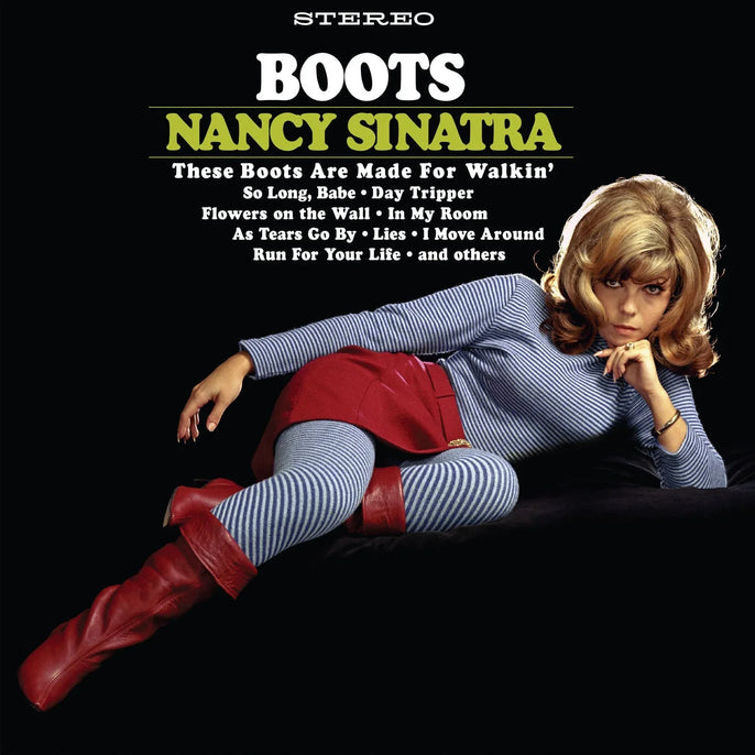 Boots album cover featuring Nancy Sinatra in striped outfit with red boots and mini skirt