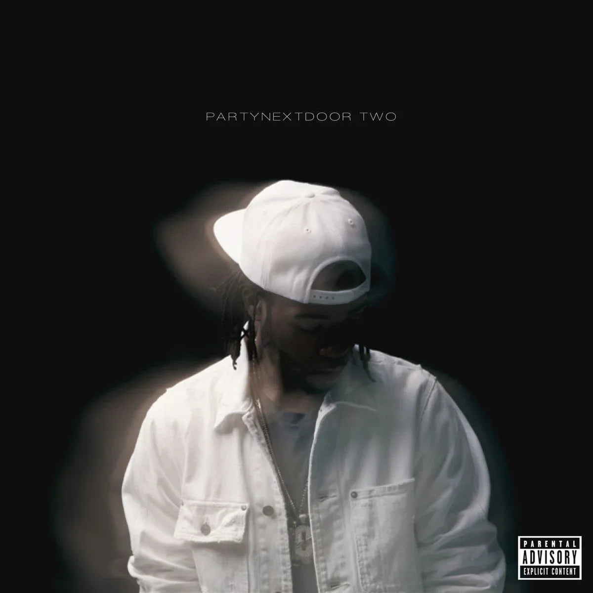 A person wearing a white jacket and cap looks down against a dark background; "PARTYNEXTDOOR TWO" appears above, and a parental advisory label is in the bottom right corner.