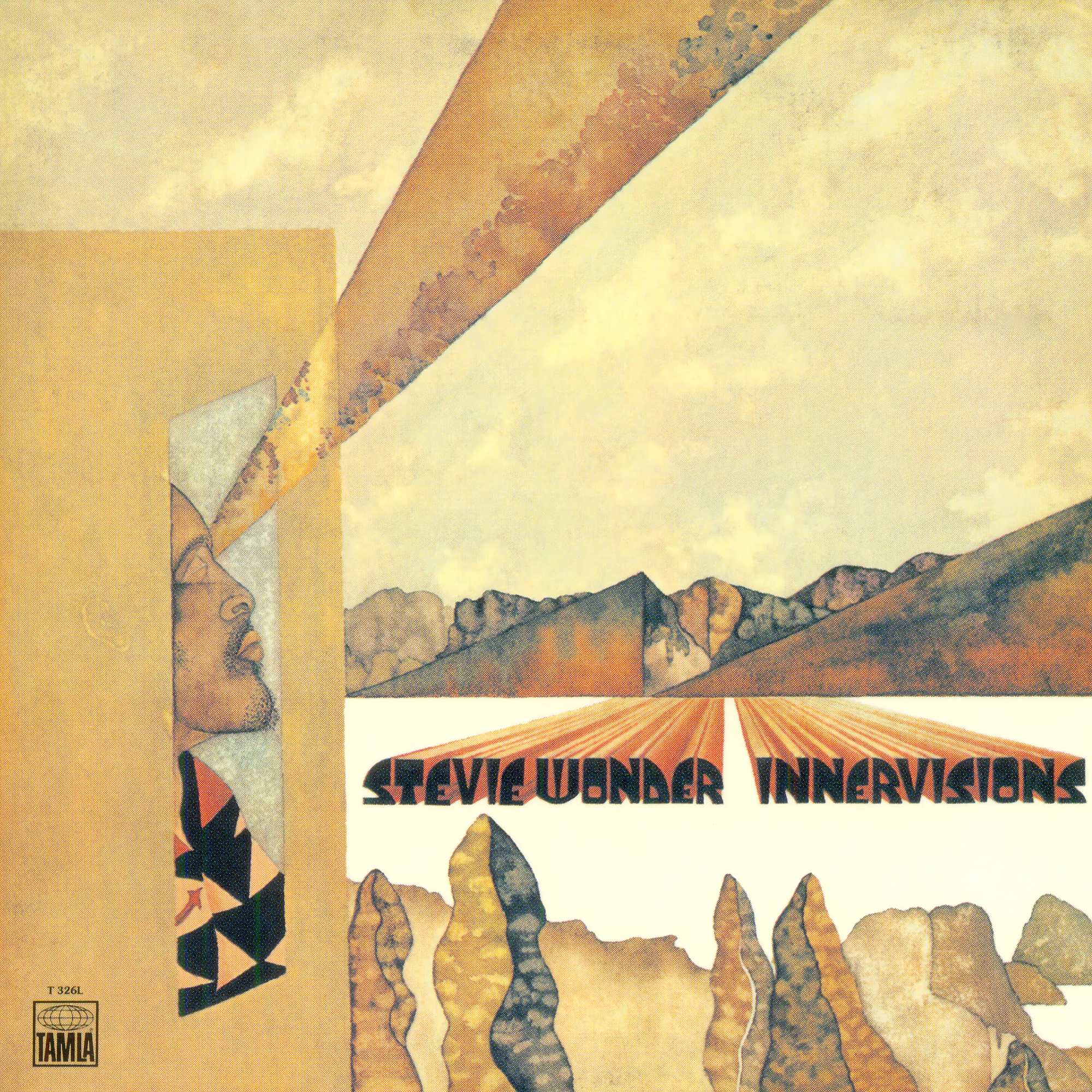 Illustrated album cover for Stevie Wonder's "Innervisions" shows a face with rays extending to a mountainous landscape, with the album title in stylized text across the image.