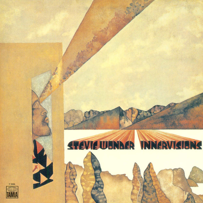 Illustrated album cover for Stevie Wonder's "Innervisions" shows a face with rays extending to a mountainous landscape, with the album title in stylized text across the image.