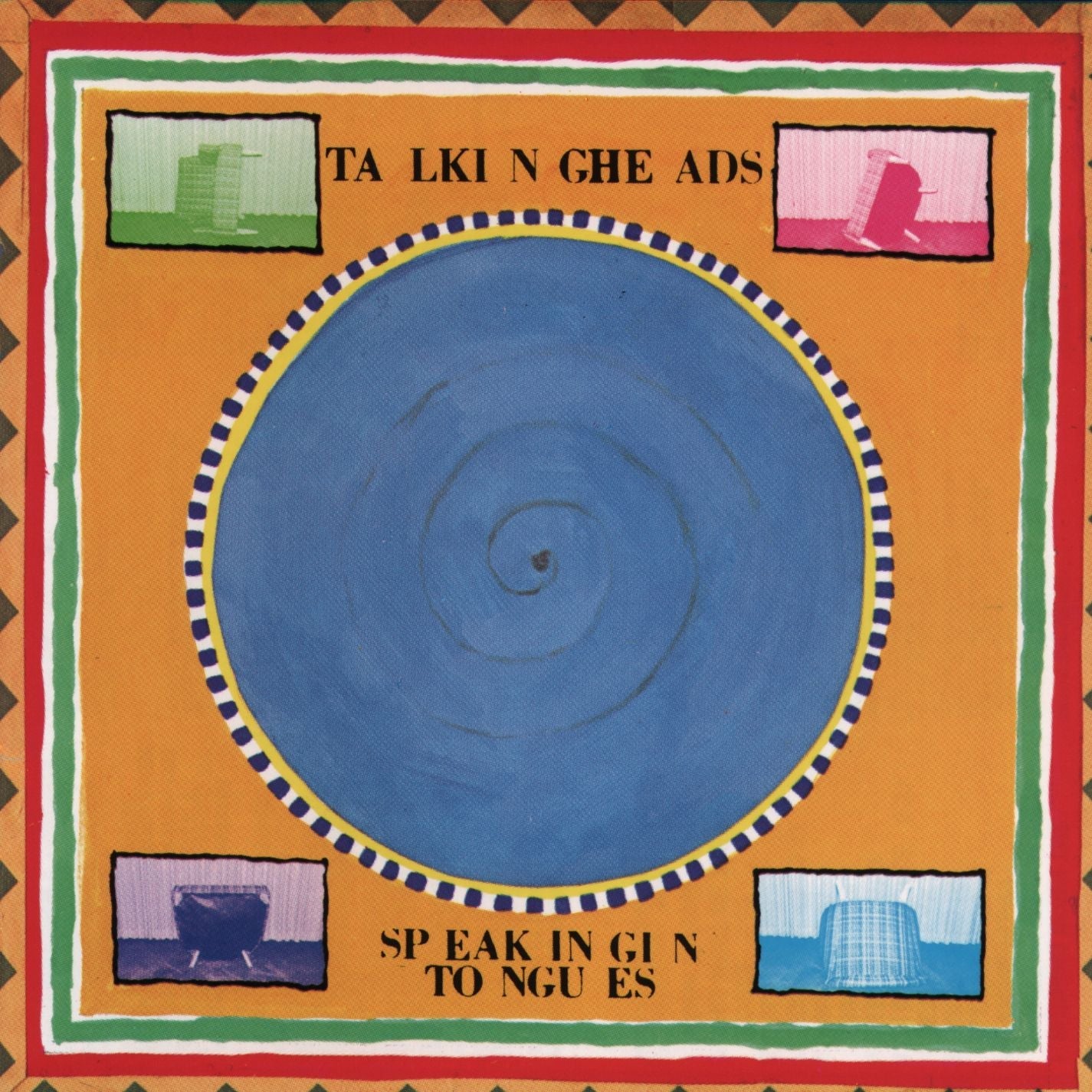 An abstract album cover with a blue spiral in the center, bordered by colorful squares and the text “Talking Heads” and “Speaking in Tongues.”.