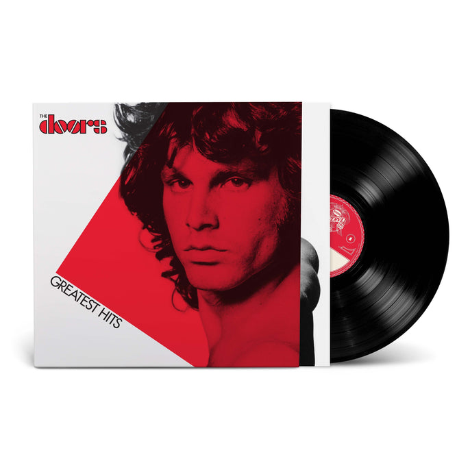 The Doors Greatest Hits vinyl record with red-toned album cover and portrait artwork.