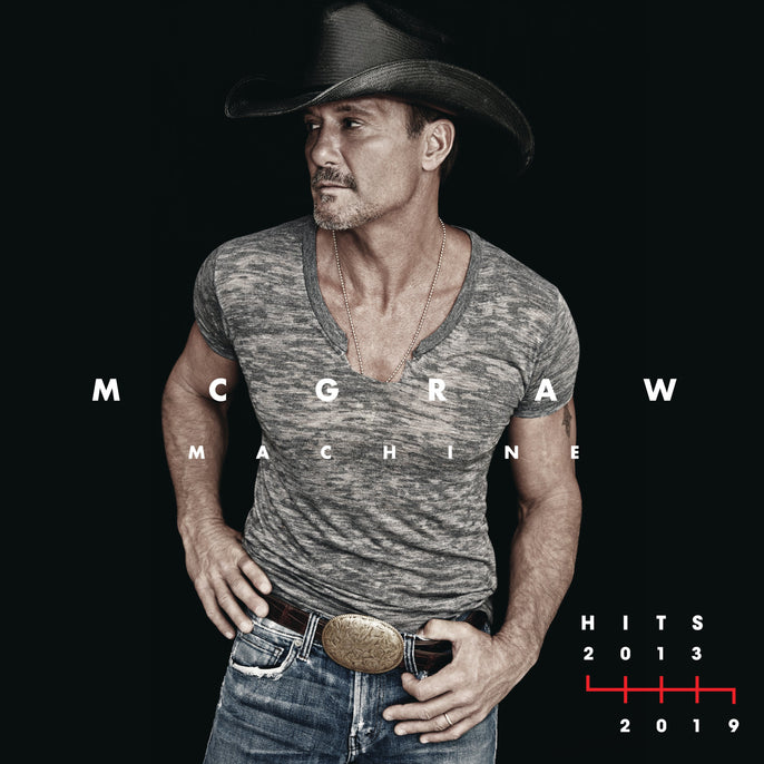 Country music artist in gray shirt and cowboy hat on Machine Hits vinyl album cover, 2013-2019 hits.
