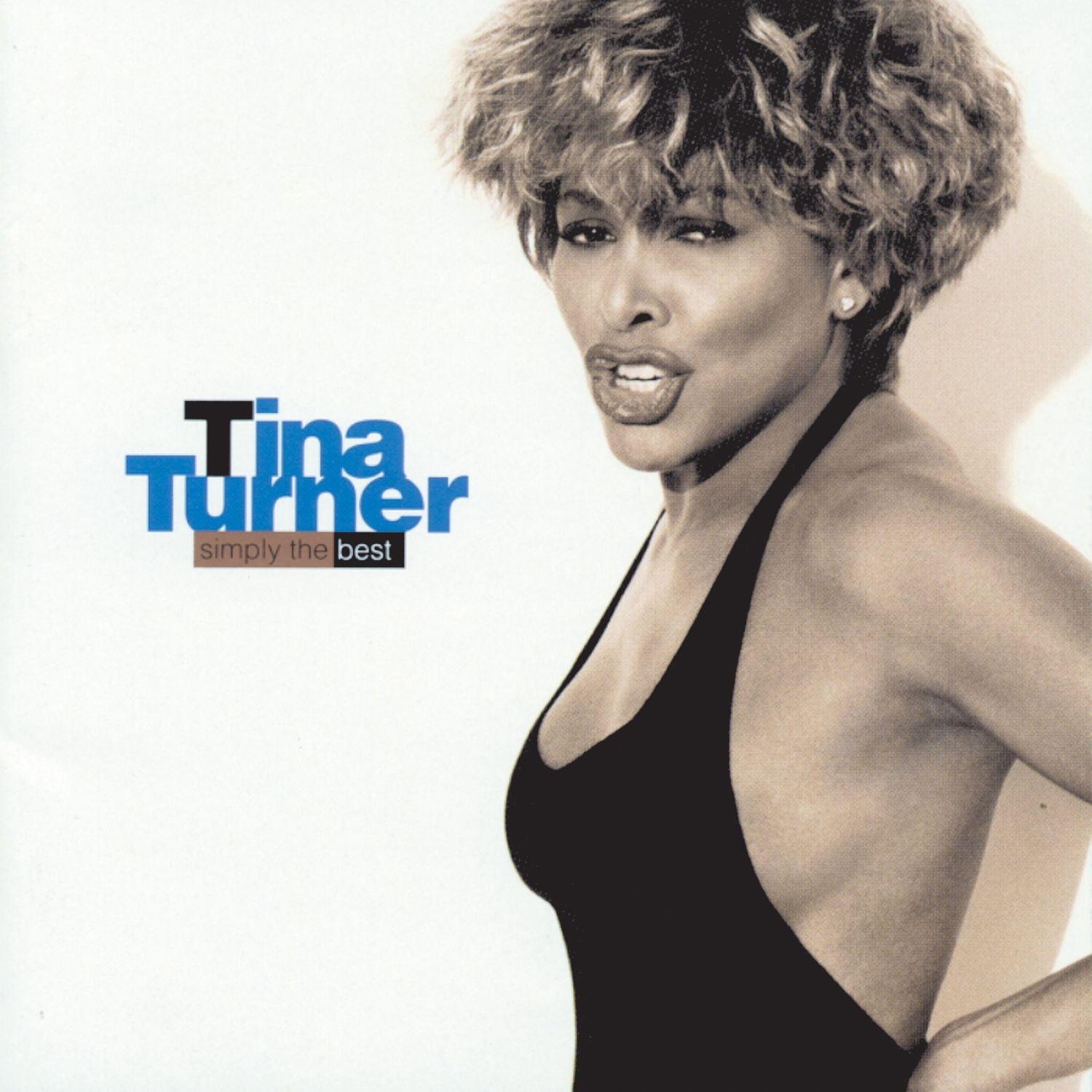 Album cover featuring a woman with short, curly hair wearing a black halter top, standing at an angle. The text reads "Tina Turner simply the best" on a plain background.