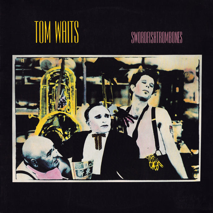 Swordfishtrombones vinyl album cover with three theatrical figures and bold yellow text.