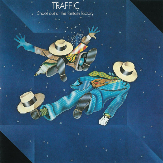 Illustrated album cover for 'Shoot Out at the Fantasy Factory' by Traffic with two figures in suits floating in a starry blue space.