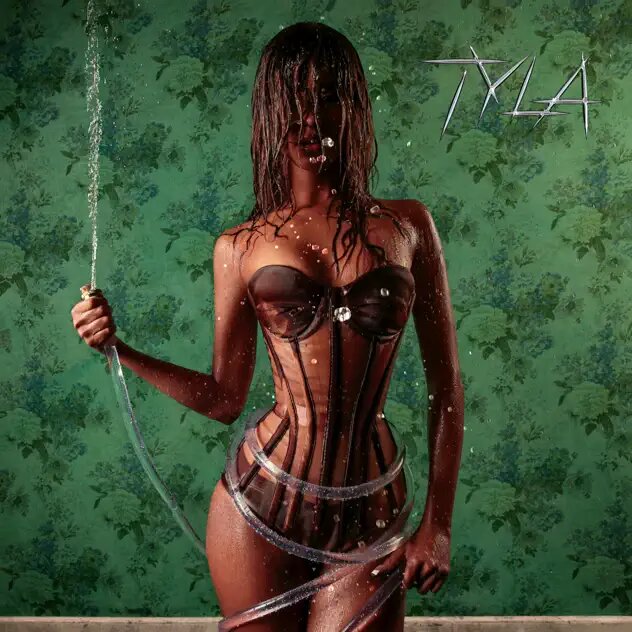 A woman in a brown corset holds a garden hose with water spraying, standing against a green floral wallpaper background. The word "TYLA" appears in the top right corner.