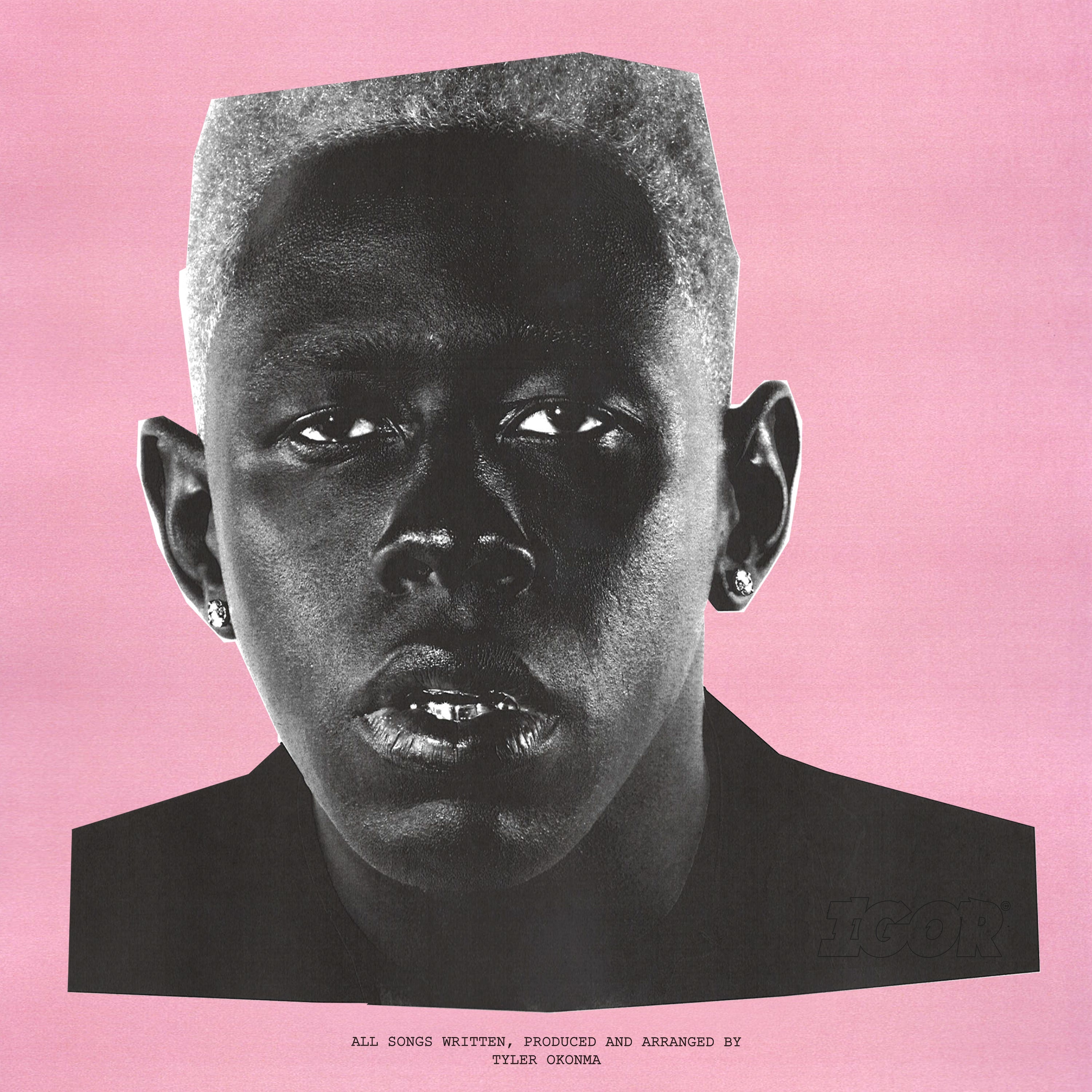 Black and white cutout portrait of a person with short hair and earrings on a pink background. Text below reads, "All songs written, produced and arranged by Tyler Okonma.