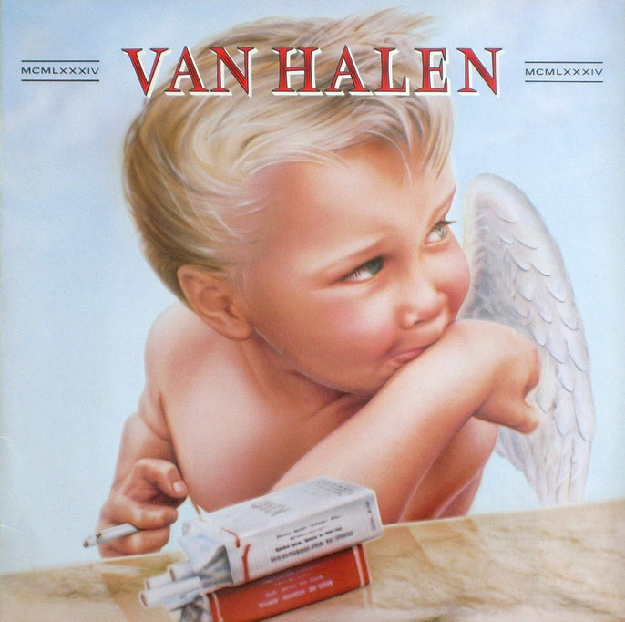 Van Halen 1984 album cover featuring a angelic child with wings holding a cigarette and cigarettes pack.