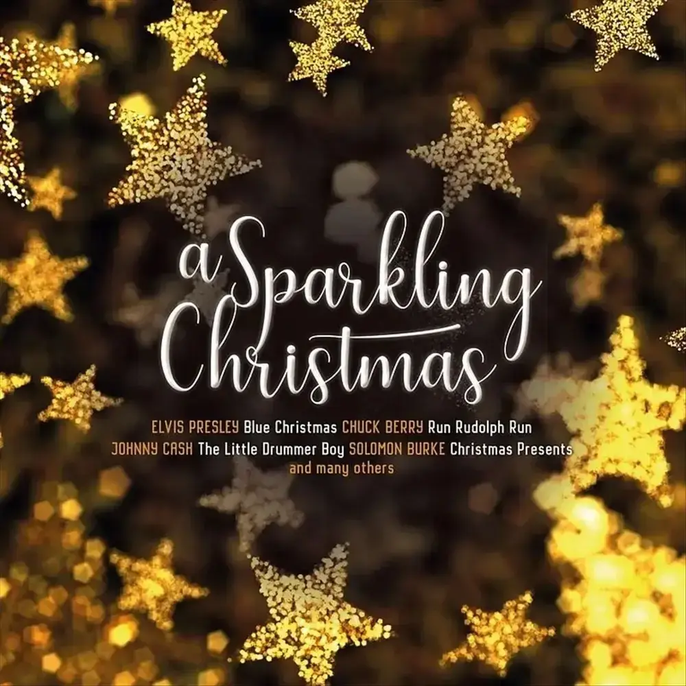 A Sparkling Christmas vinyl record cover with gold glitter stars and festive holiday design