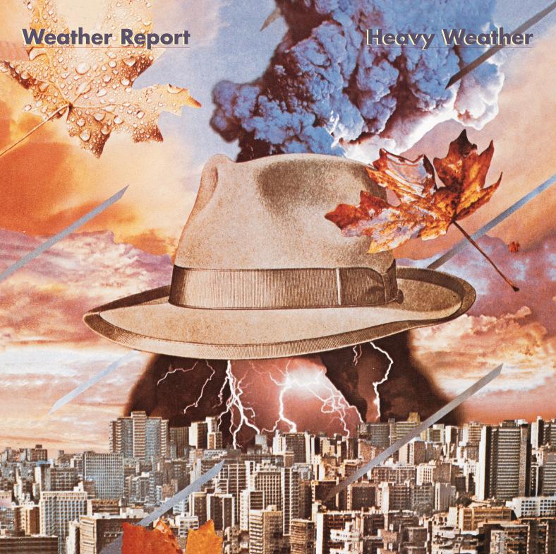 A beige fedora floats above a city skyline with autumn leaves, lightning, rain, and smoke clouds in the background. The text reads “Weather Report Heavy Weather.”.