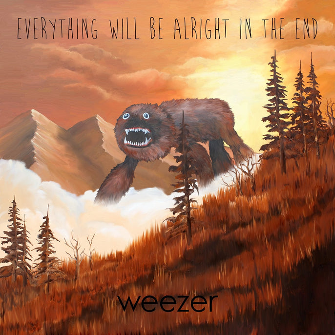 Weezer Everything Will Be Alright in the End album cover with a monster in a mountain landscape