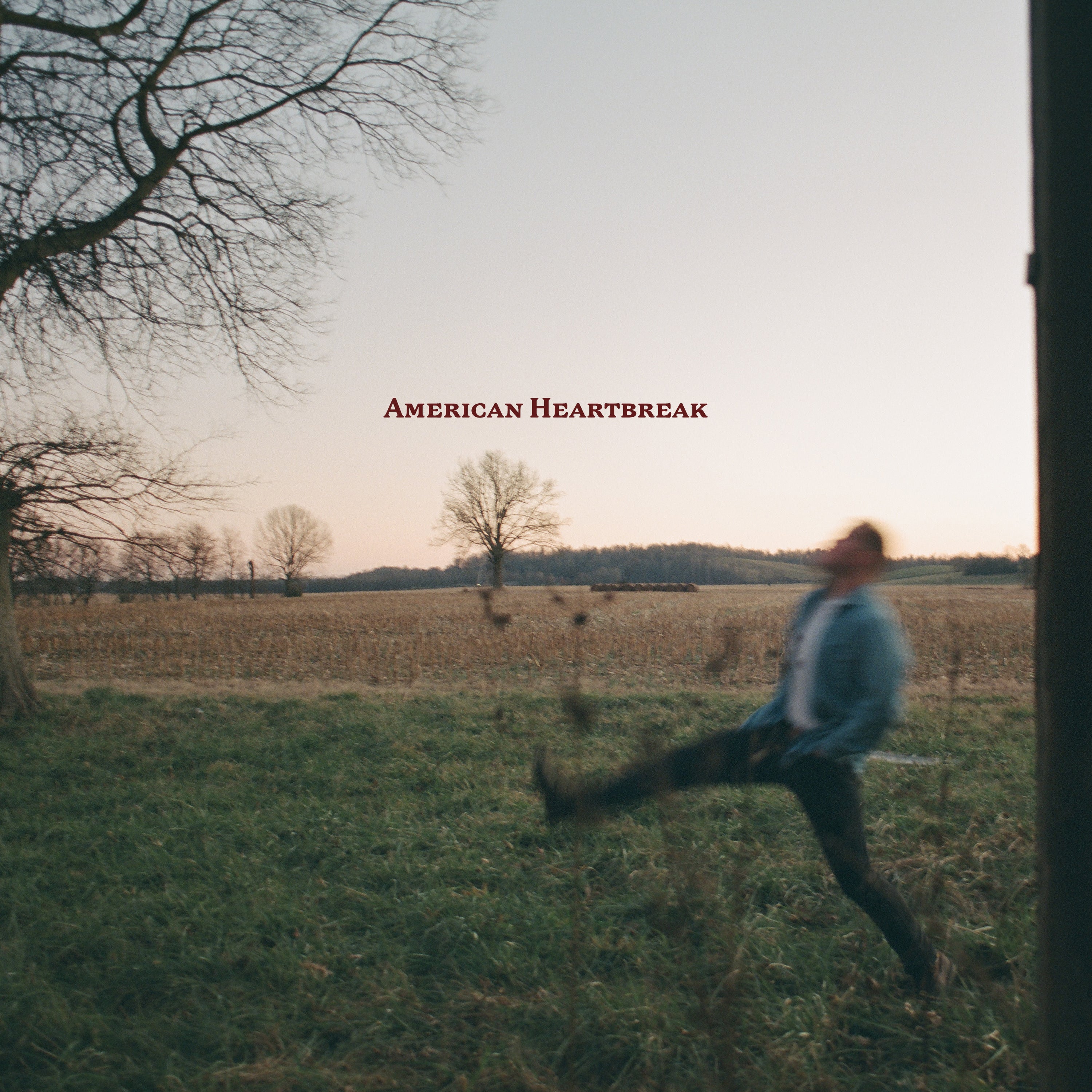 A blurred person mid-kick in a grassy field at dusk with bare trees; text "American Heartbreak" appears in the sky near the top center.
