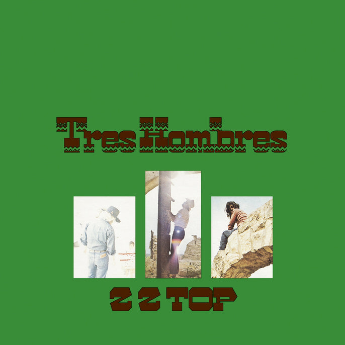 ZZ Top Tres Hombres album cover with green background, band photos, and stylized text.