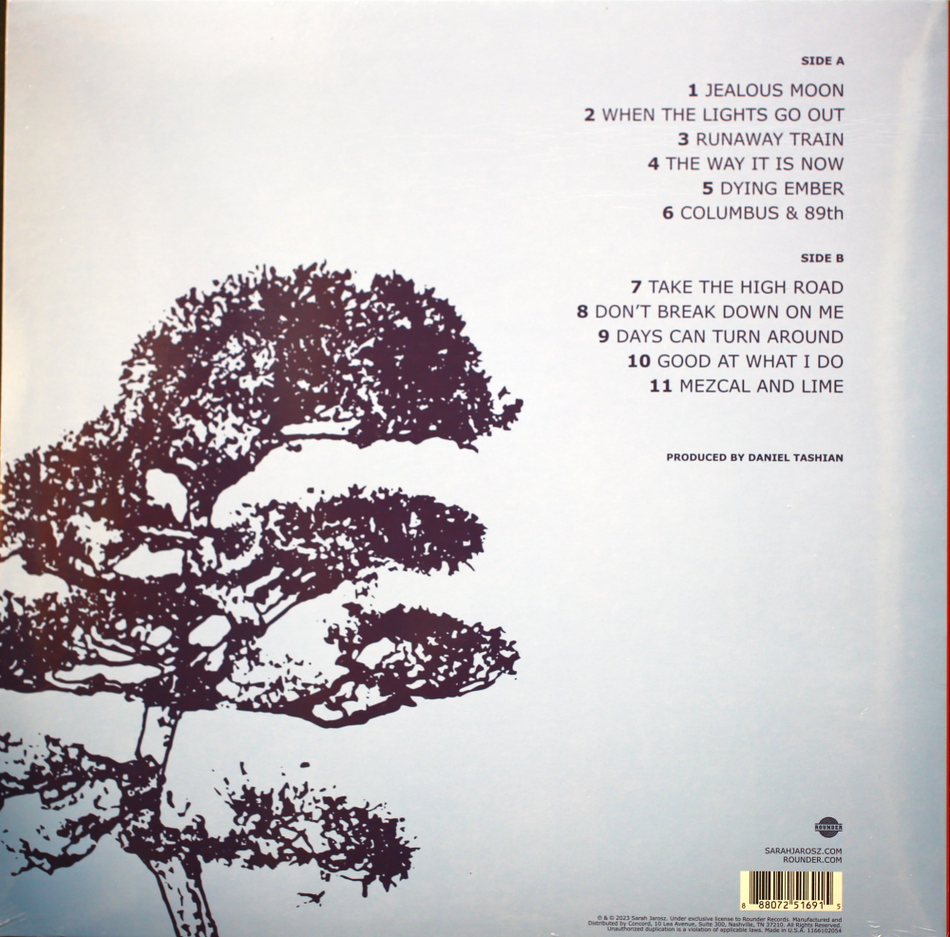 Vinyl record back cover with tree illustration and song tracklist against light background.
