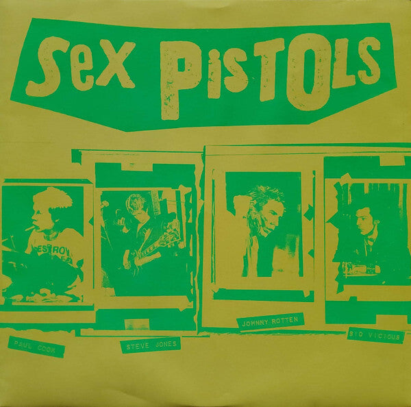 Sex Pistols vinyl record cover with band member portraits in green and yellow punk art style.