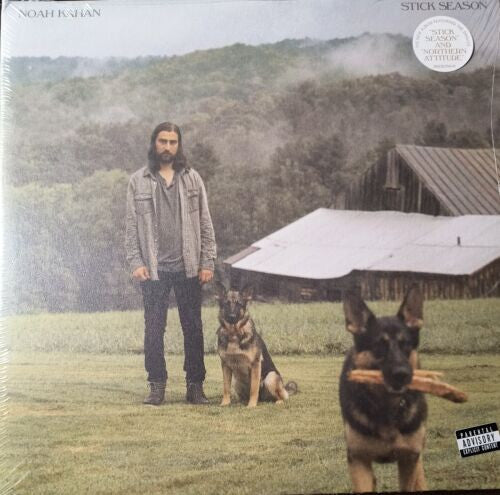 Noah Kahan Stick Season vinyl album cover with man, two German Shepherds, rustic barn, foggy field