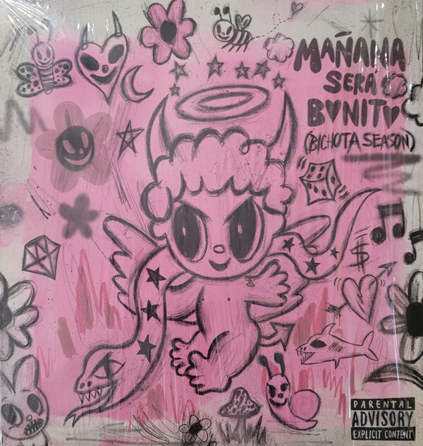 Pink graffiti-style vinyl cover with cartoon angel demon, playful doodles, and Mañana Será Bonito text.