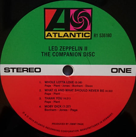 Close-up of Led Zeppelin II Companion Disc vinyl record label with Atlantic logo