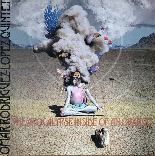 Surreal album cover showing meditating man in desert with colorful smoke and animals from head, mystical vinyl art.